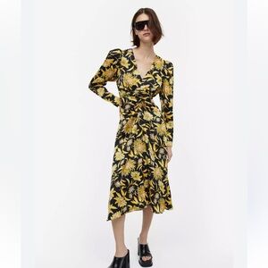 H&M | gold and black floral dress long sleeve dress